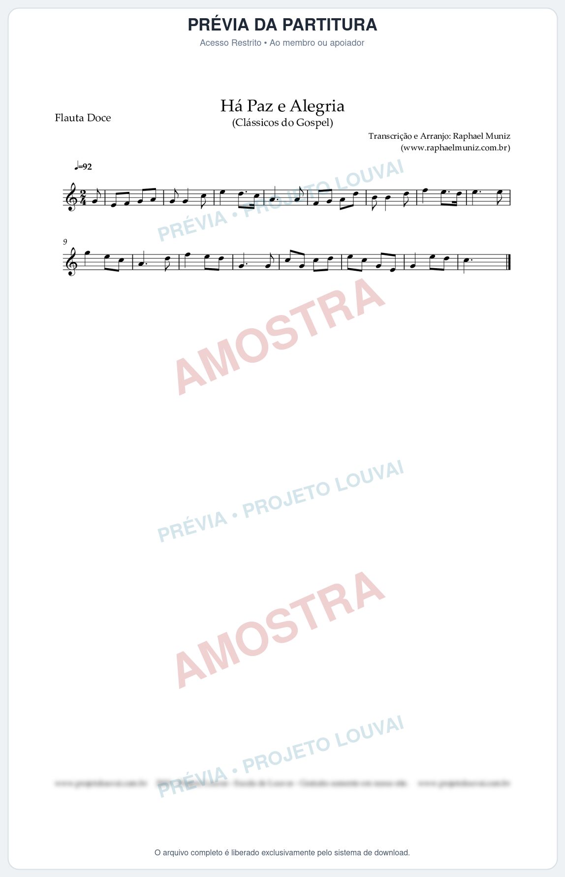 Prévia protegida da primeira página da partitura Partitura para Flauta Doce (Soprano) - Há Paz e Alegria (Tom Facilitado) - Harpa Cristã nº90 - Cláss