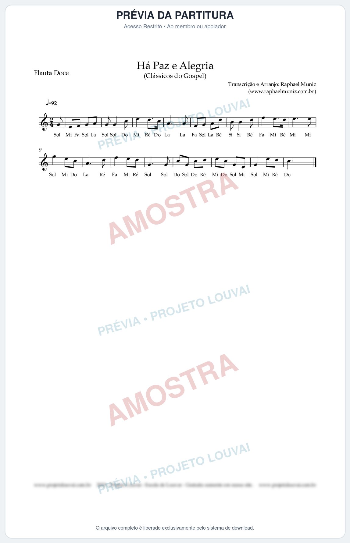 Prévia protegida da primeira página da partitura Partitura para Flauta Doce (Soprano) - Há Paz e Alegria (Tom Facilitado com Cifra Melódica) - Harpa 