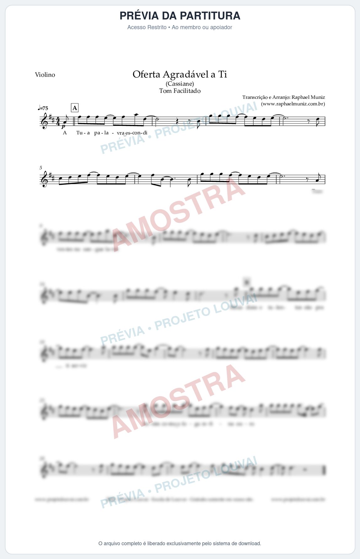 Prévia protegida da primeira página da partitura Partitura para Violino - Oferta Agradável a Ti (Tom Facilitado) - Cassiane