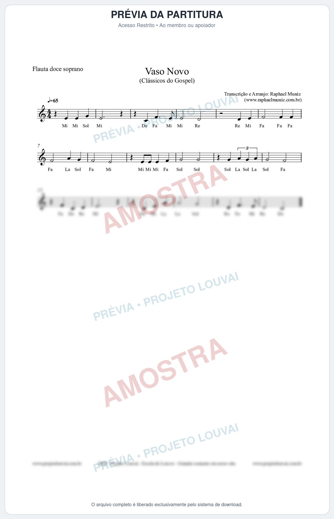 Prévia protegida da primeira página da partitura Partitura para Flauta Doce (Soprano) - Vaso Novo (Tom Facilitado - Cifra Melódica) - Clássicos do Go