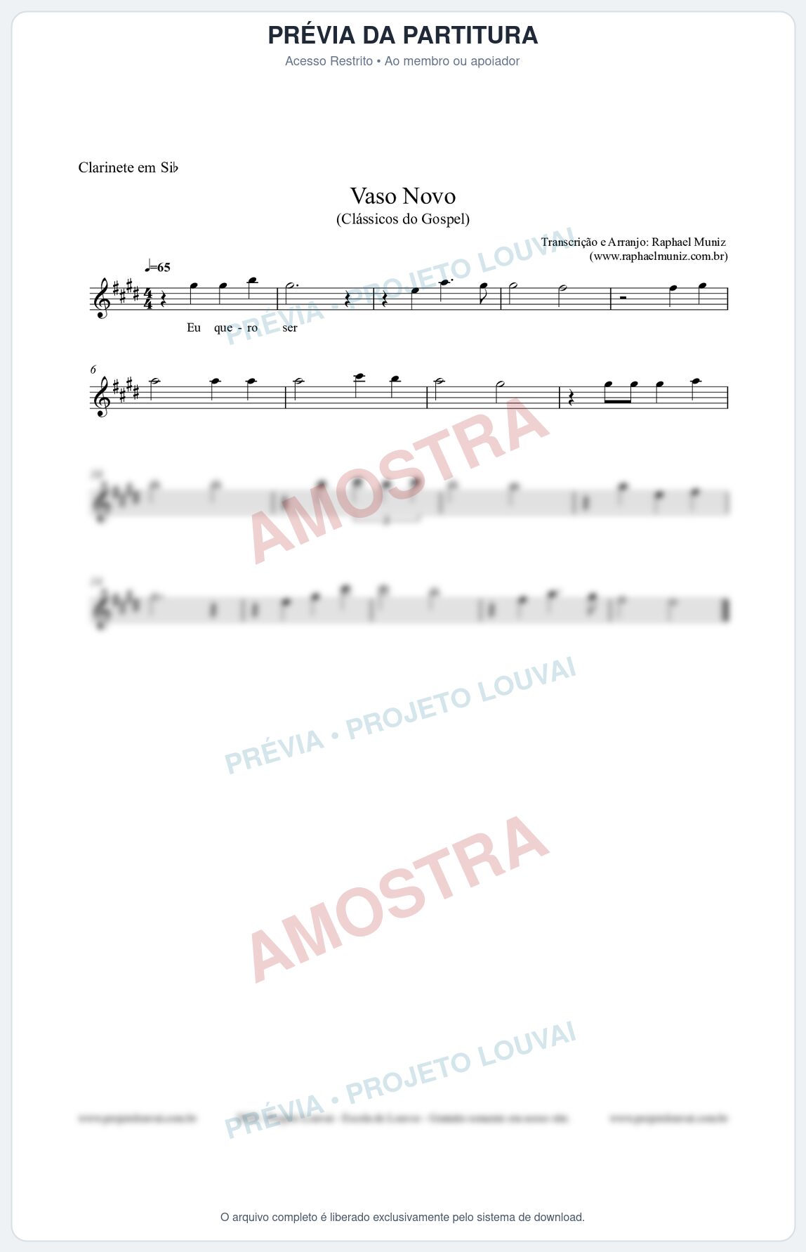 Prévia protegida da primeira página da partitura Partitura para Clarinete em Bb - Vaso Novo (Versão 2) - Clássicos do Gospel