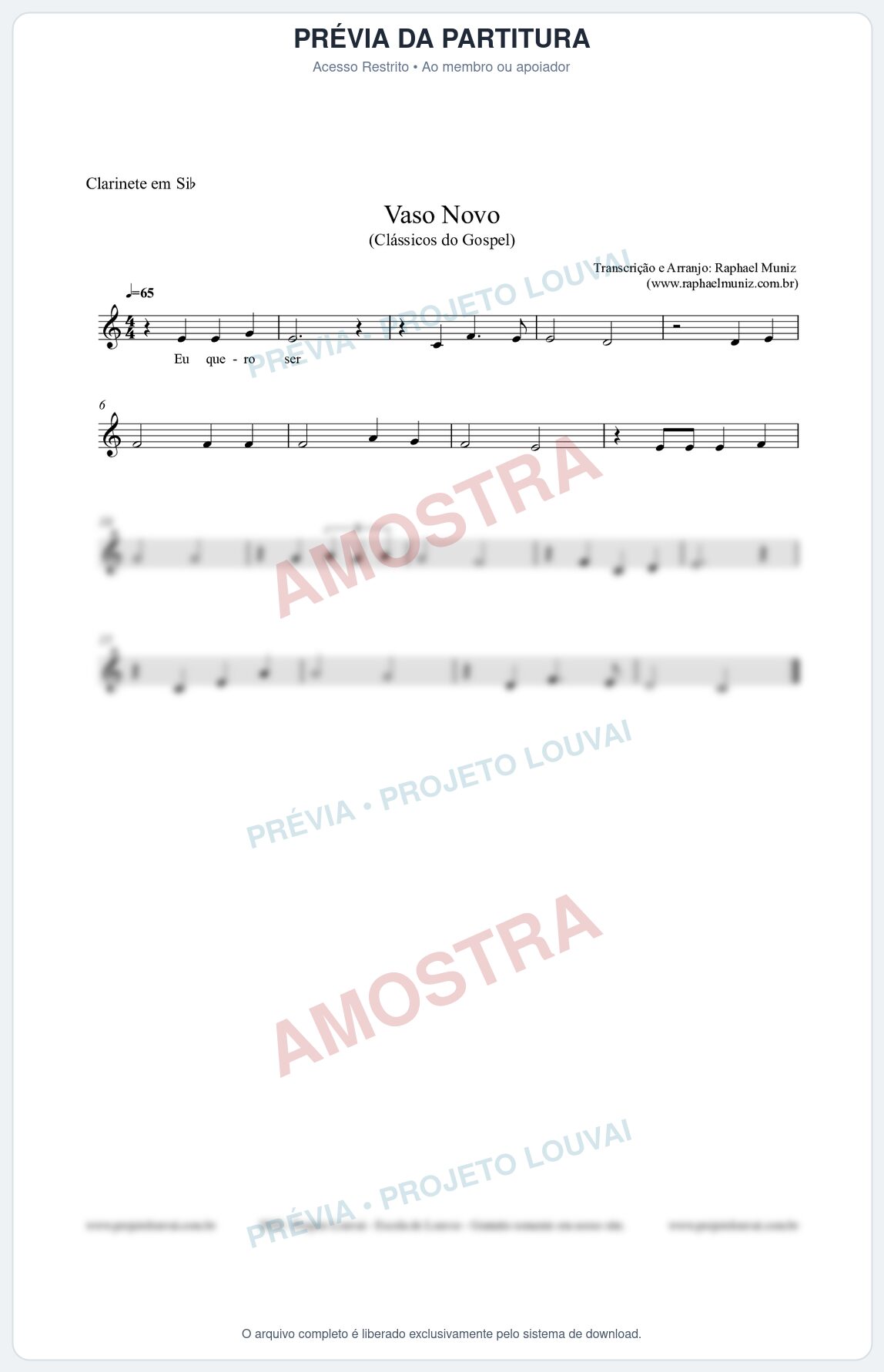 Prévia protegida da primeira página da partitura Partitura para Clarinete em Bb - Vaso Novo (Tom Facilitado) - Clássicos do Gospel