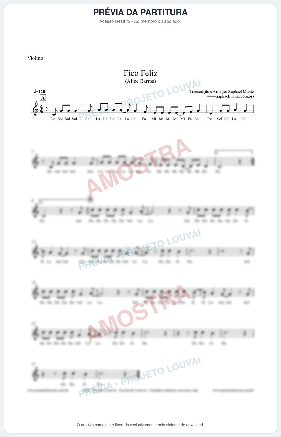 Prévia protegida da primeira página da partitura Partitura para Violino - Fico Feliz (com Cifra Melódica) - Aline Barros