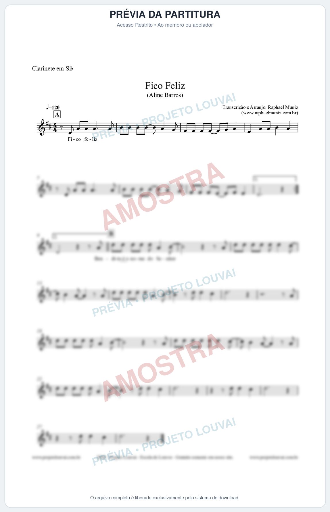 Prévia protegida da primeira página da partitura Partitura para Clarinete em Bb - Fico Feliz - Aline Barros