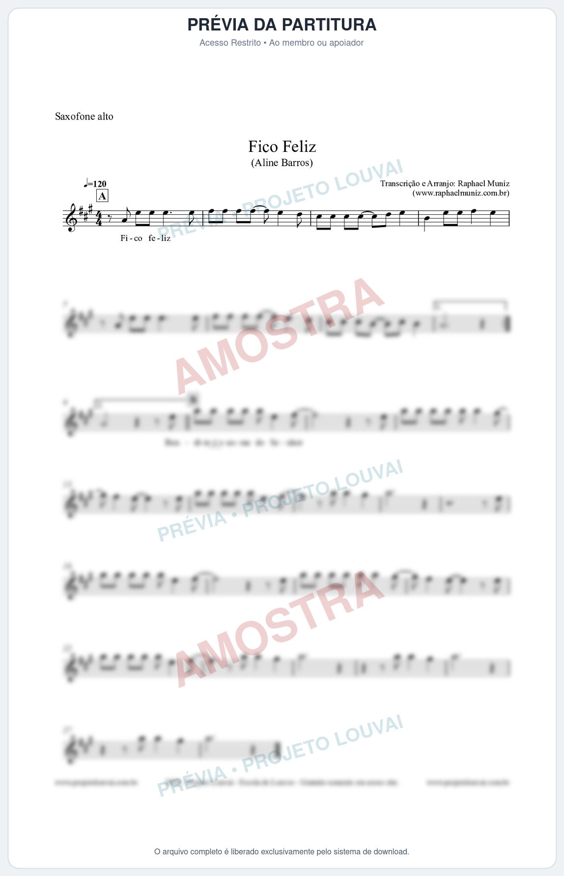 Prévia protegida da primeira página da partitura Partitura para Saxofone Alto - Fico Feliz - Aline Barros