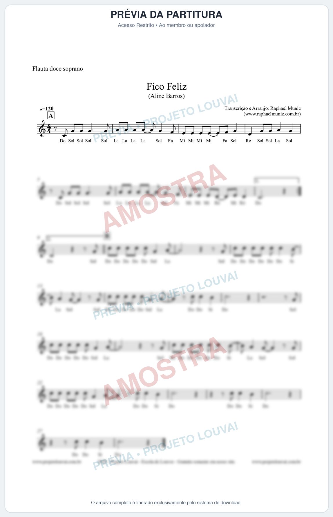 Prévia protegida da primeira página da partitura Partitura para Flauta Doce (Soprano) - Fico Feliz (com Cifra Melódica) - Aline Barros