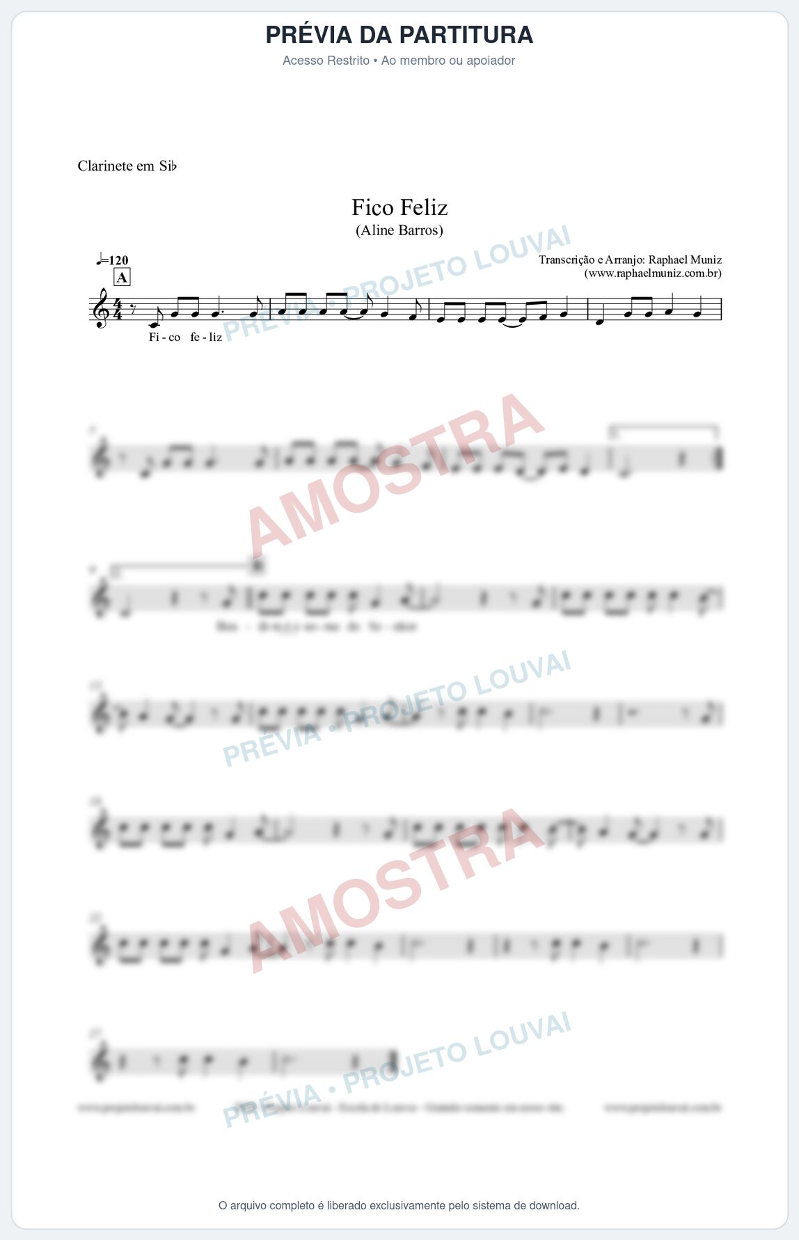 Prévia protegida da primeira página da partitura Partitura para Clarinete em Bb - Fico Feliz (Tom Bb) - Aline Barros