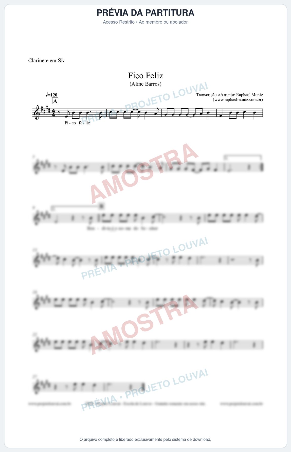 Prévia protegida da primeira página da partitura Partitura para Clarinete em Bb - Fico Feliz (Tom D) - Aline Barros