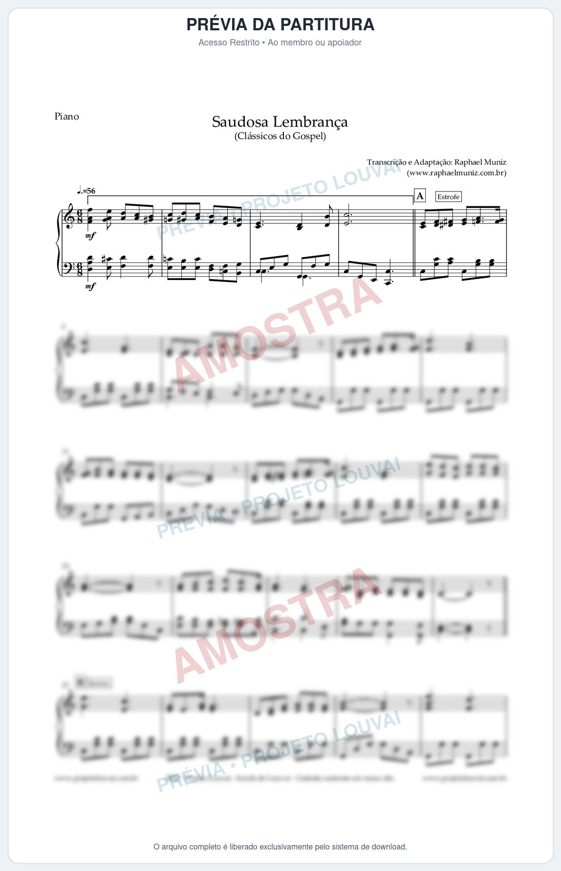Prévia protegida da primeira página da partitura Partitura para Piano - Saudosa Lembrança - Harpa Cristã nº 2 - Clássicos do Gospel