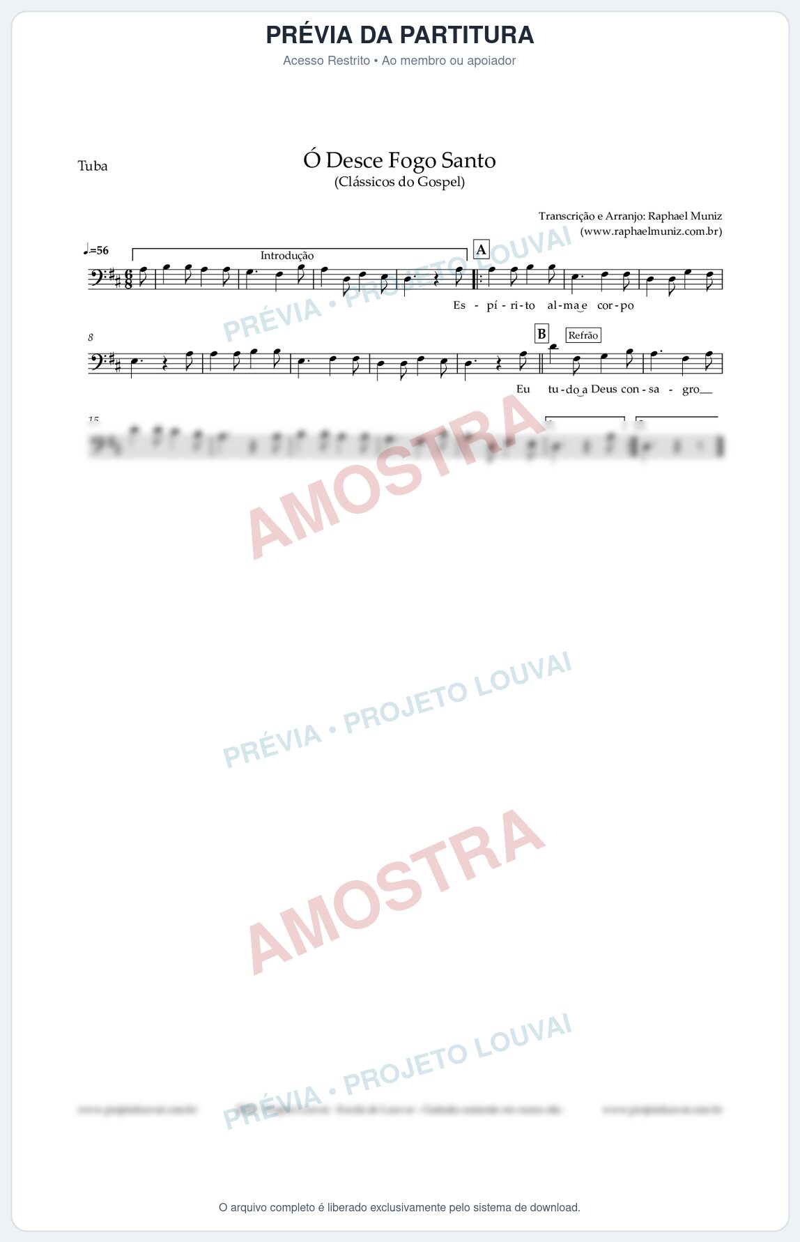 Prévia protegida da primeira página da partitura Partitura para Tuba - Ó Desce Fogo Santo - Harpa Cristã nº 5  - Clássicos do Gospel