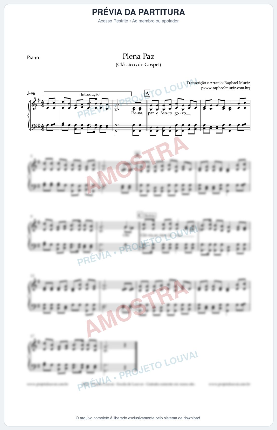 Prévia protegida da primeira página da partitura Partitura para Piano - Plena Paz - Harpa Cristã nº3 (Tom G) - Clássicos do Gospel
