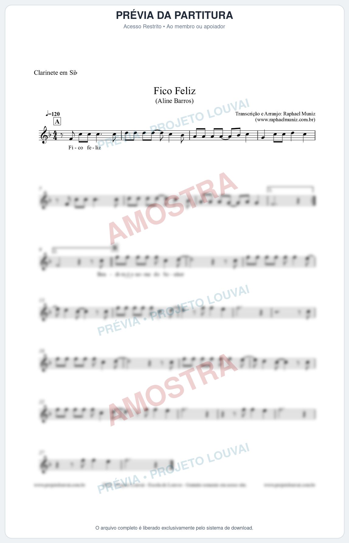 Prévia protegida da primeira página da partitura Partitura para Clarinete em Bb - Fico Feliz (Tom Eb) - Aline Barros