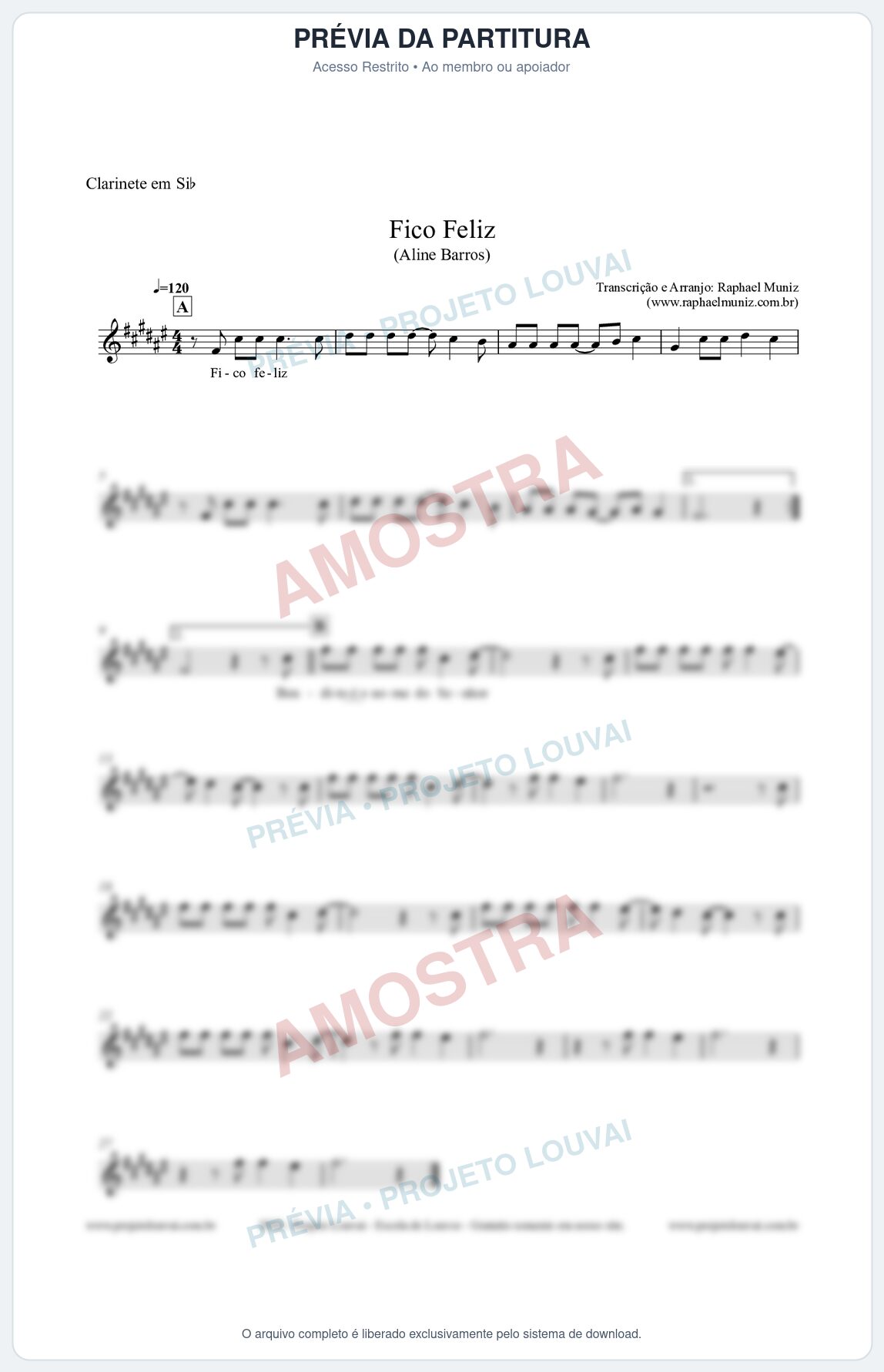 Prévia protegida da primeira página da partitura Partitura para Clarinete em Bb - Fico Feliz (Tom E) - Aline Barros