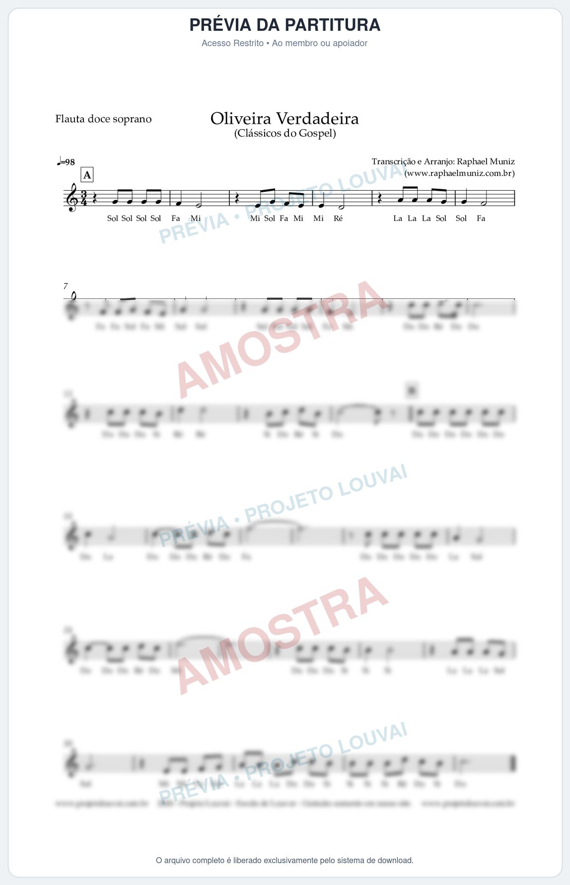 Prévia protegida da primeira página da partitura Partitura para Flauta Doce (Soprano) - Oliveira Verdadeira (Tom C e Cifra Melódica)