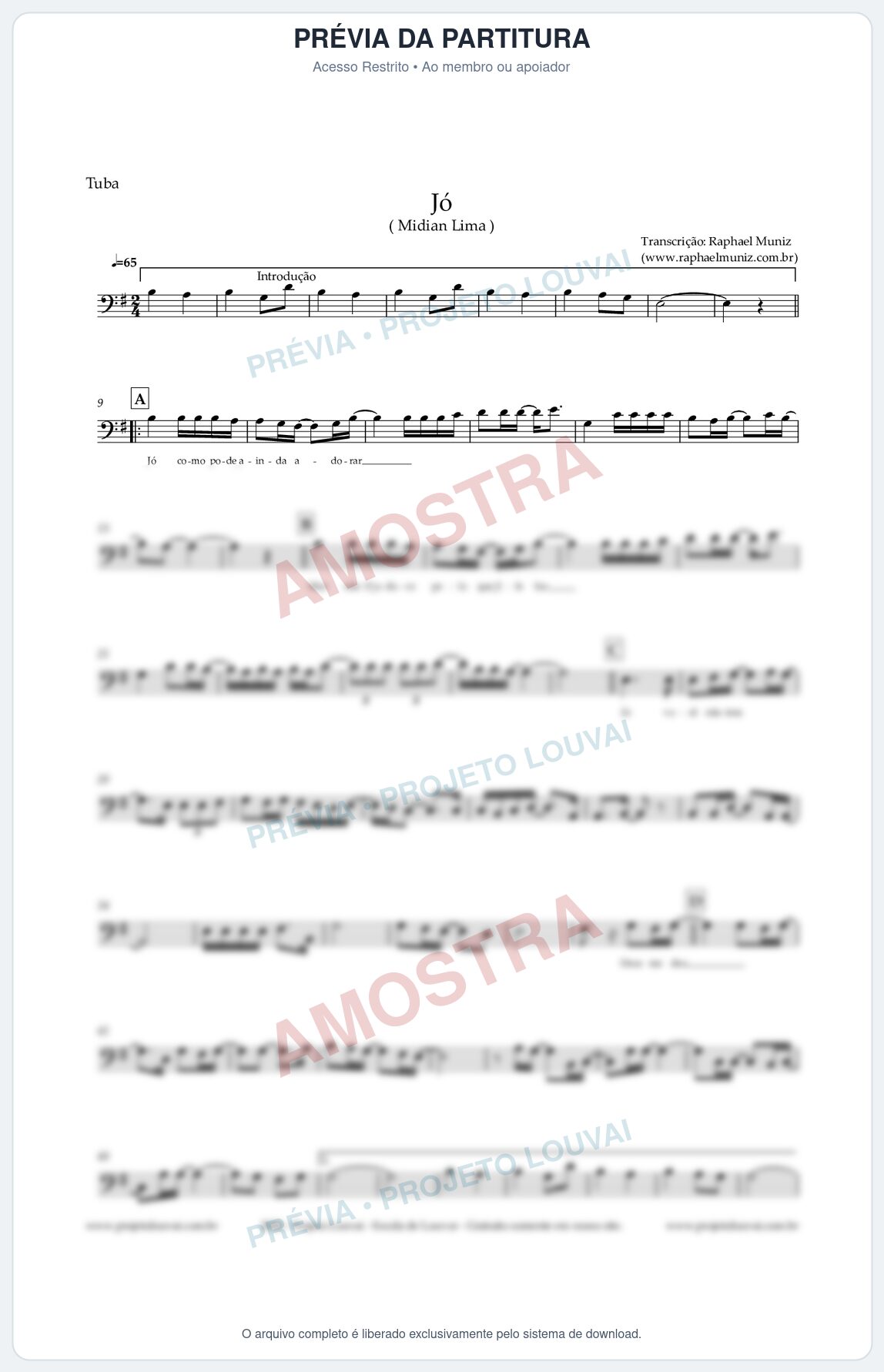 Prévia protegida da primeira página da partitura Partitura para Tuba em Dó - Jó (Tom G) - Midian Lima