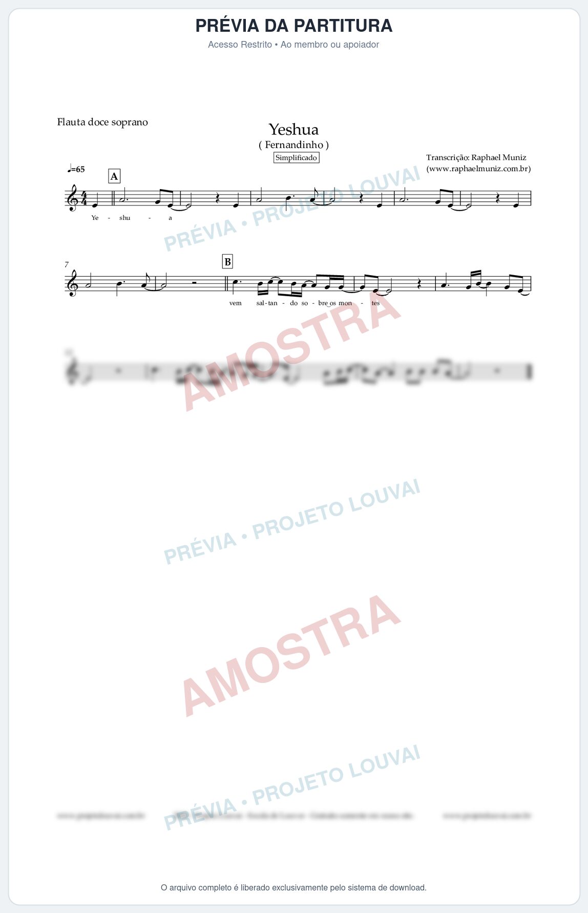 Prévia protegida da primeira página da partitura Partitura para Flauta Doce (Soprano) - Yeshua (Simplificado) (Tom C) - Fernandinho