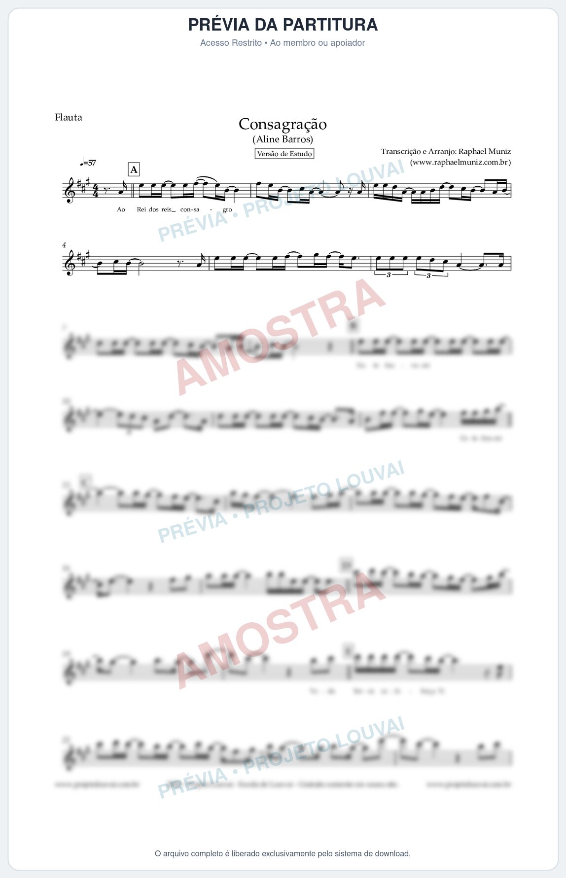 Prévia protegida da primeira página da partitura Partitura para Flauta Transversal - Consagração (Versão de Estudo) (Tom A) - Aline Barros