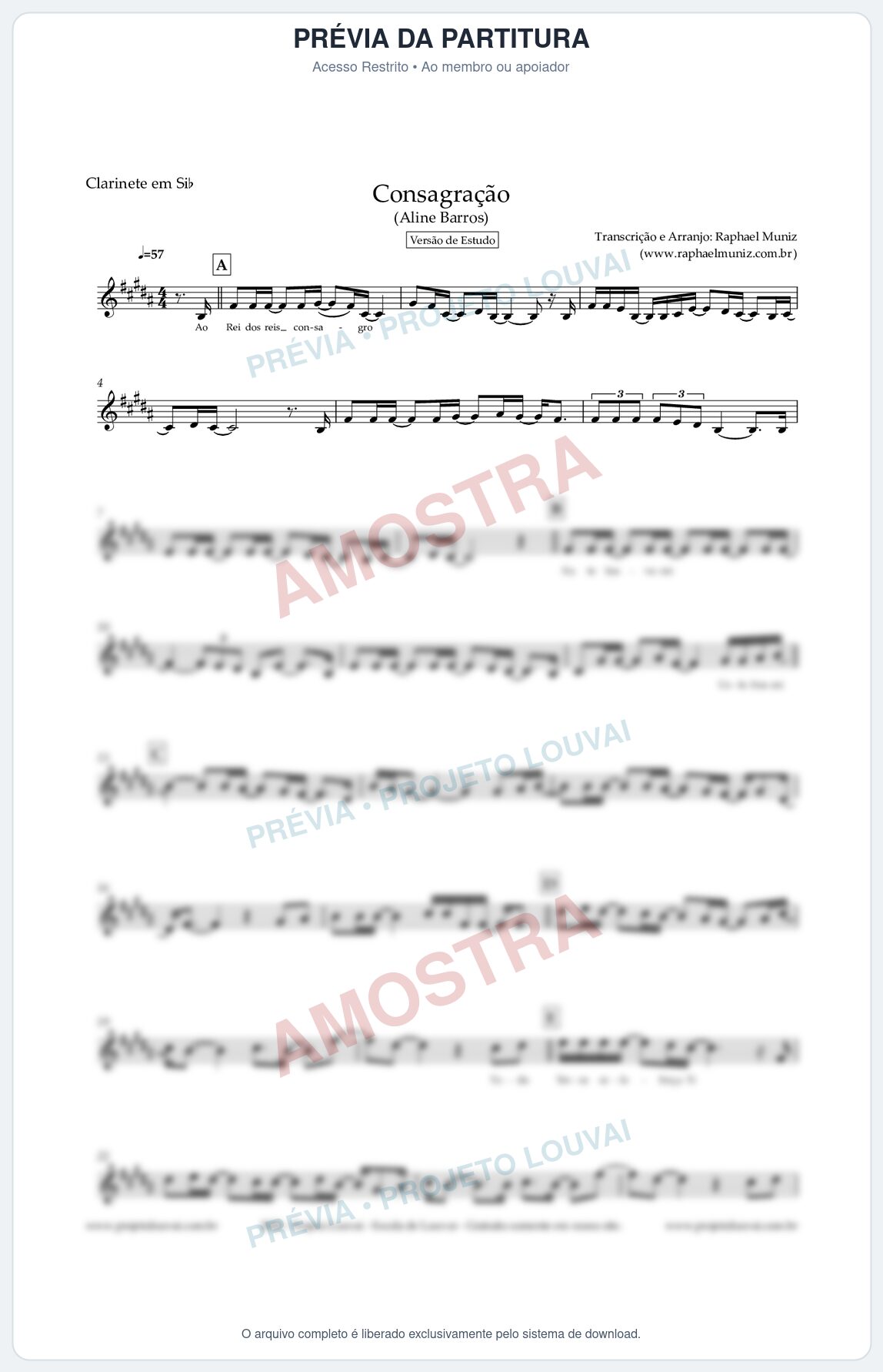 Prévia protegida da primeira página da partitura Partitura para Clarinete em Bb - Consagração (Versão de Estudo) (Tom A) - Aline Barros