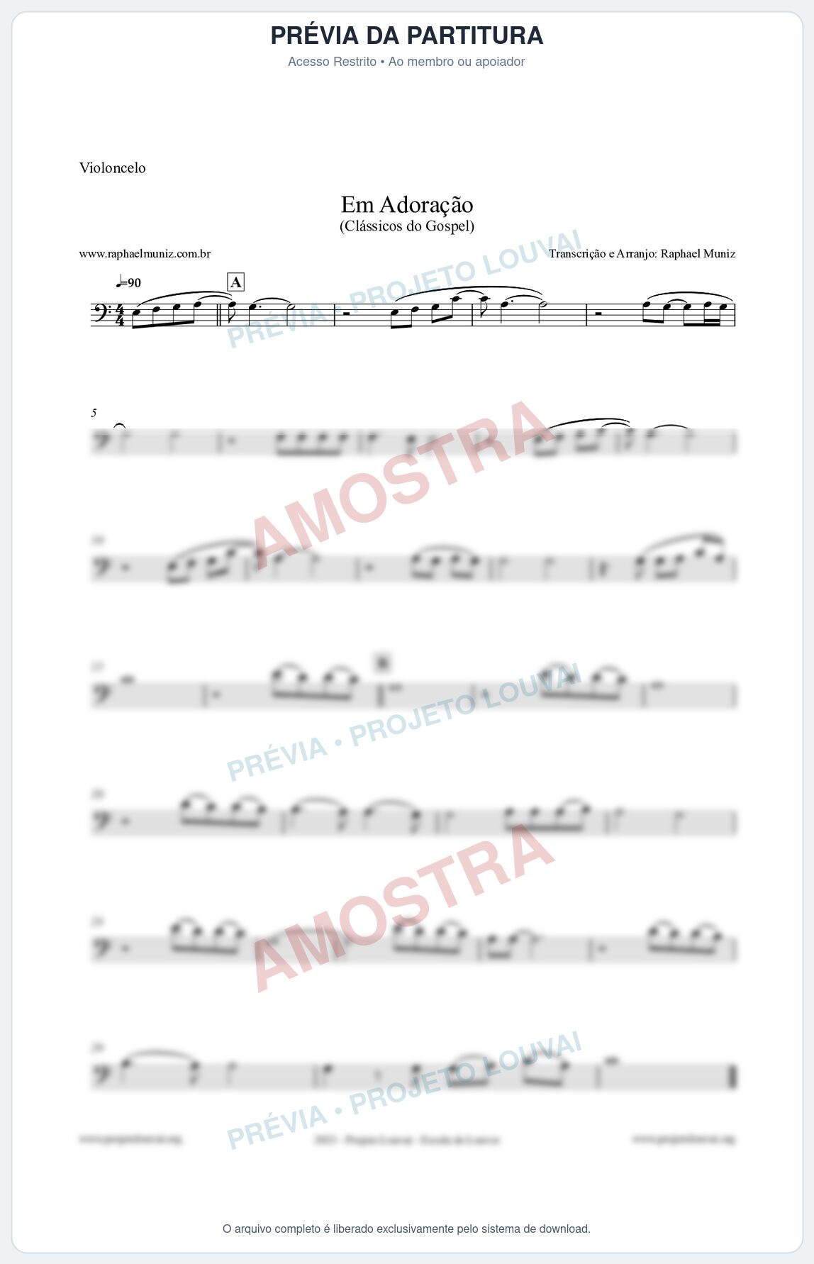 Prévia protegida da primeira página da partitura Partitura para Violoncelo - Em Adoração - Louvores e Corinhos Gospel