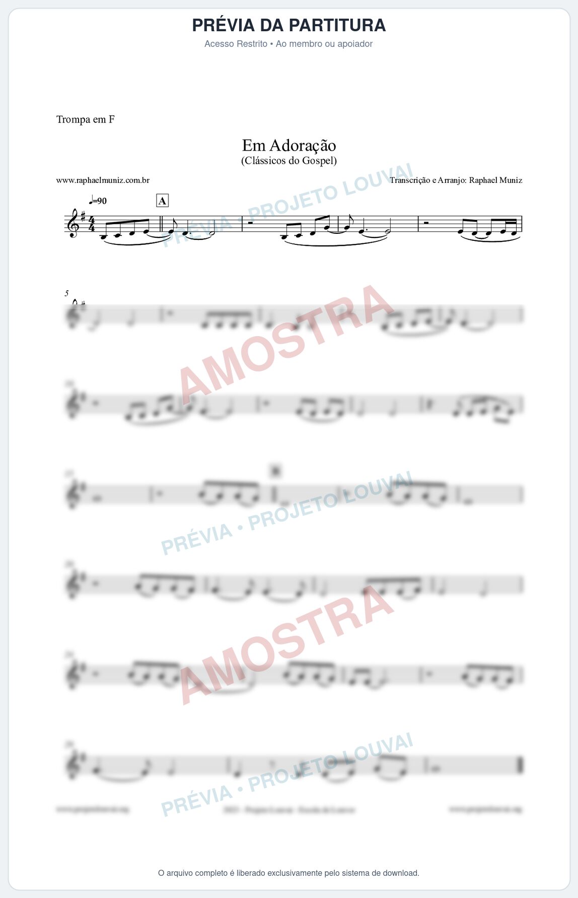 Prévia protegida da primeira página da partitura Partitura para Trompa em F - Em Adoração - Louvores e Corinhos Gospel