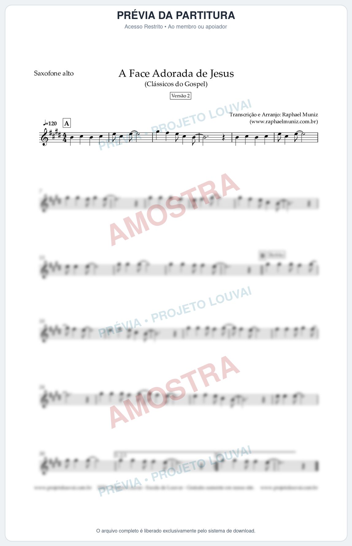 Prévia protegida da primeira página da partitura Partitura para Saxofone Alto - A Face Adorada de Jesus - Harpa Cristã nº 304 (Versão 2) (Tom G) - Clássicos do Gospel