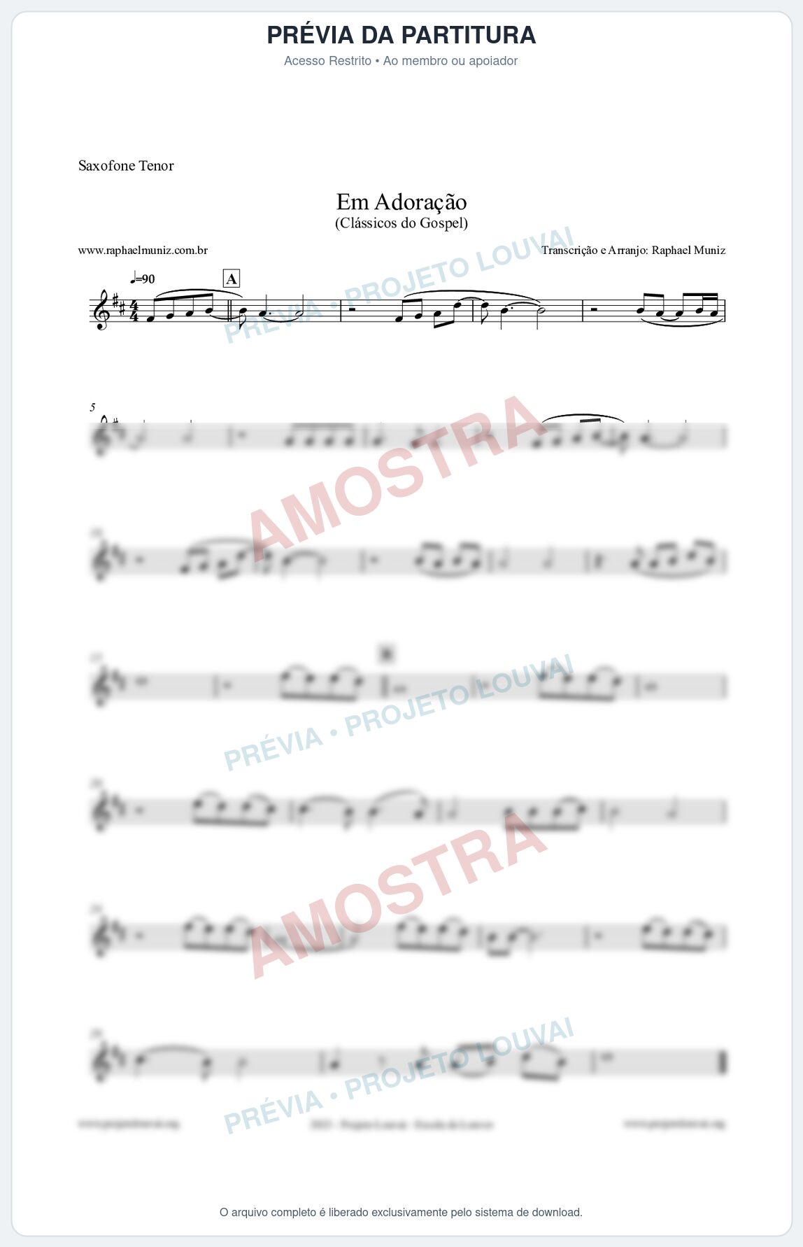 Prévia protegida da primeira página da partitura Partitura para Saxofone Tenor - Em Adoração - Louvores e Corinhos Gospel