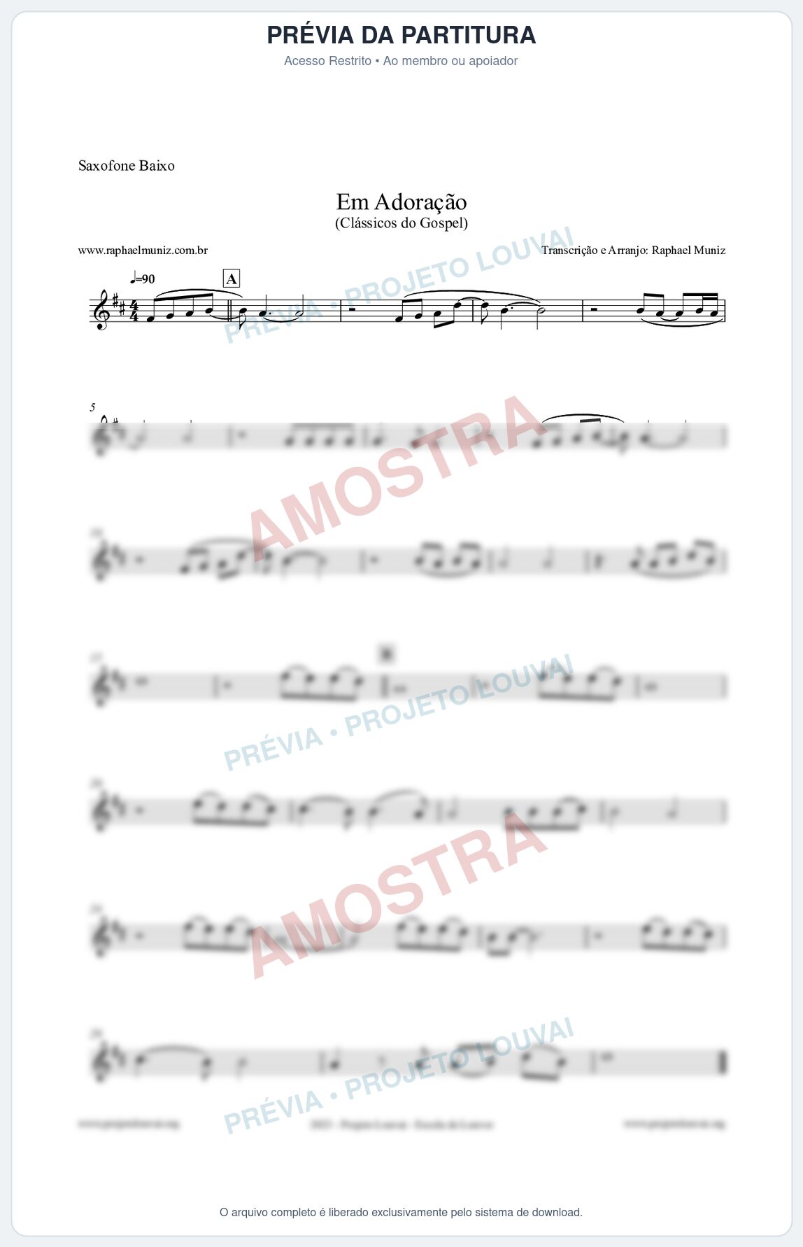 Prévia protegida da primeira página da partitura Partitura para Saxofone Baixo - Em Adoração - Louvores e Corinhos Gospel