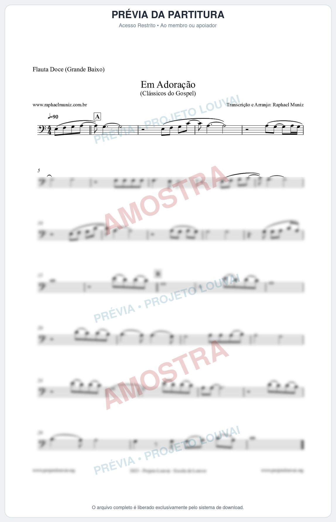 Prévia protegida da primeira página da partitura Partitura para Flauta Doce (Grande Baixo) - Em Adoração - Louvores e Corinhos Gospel