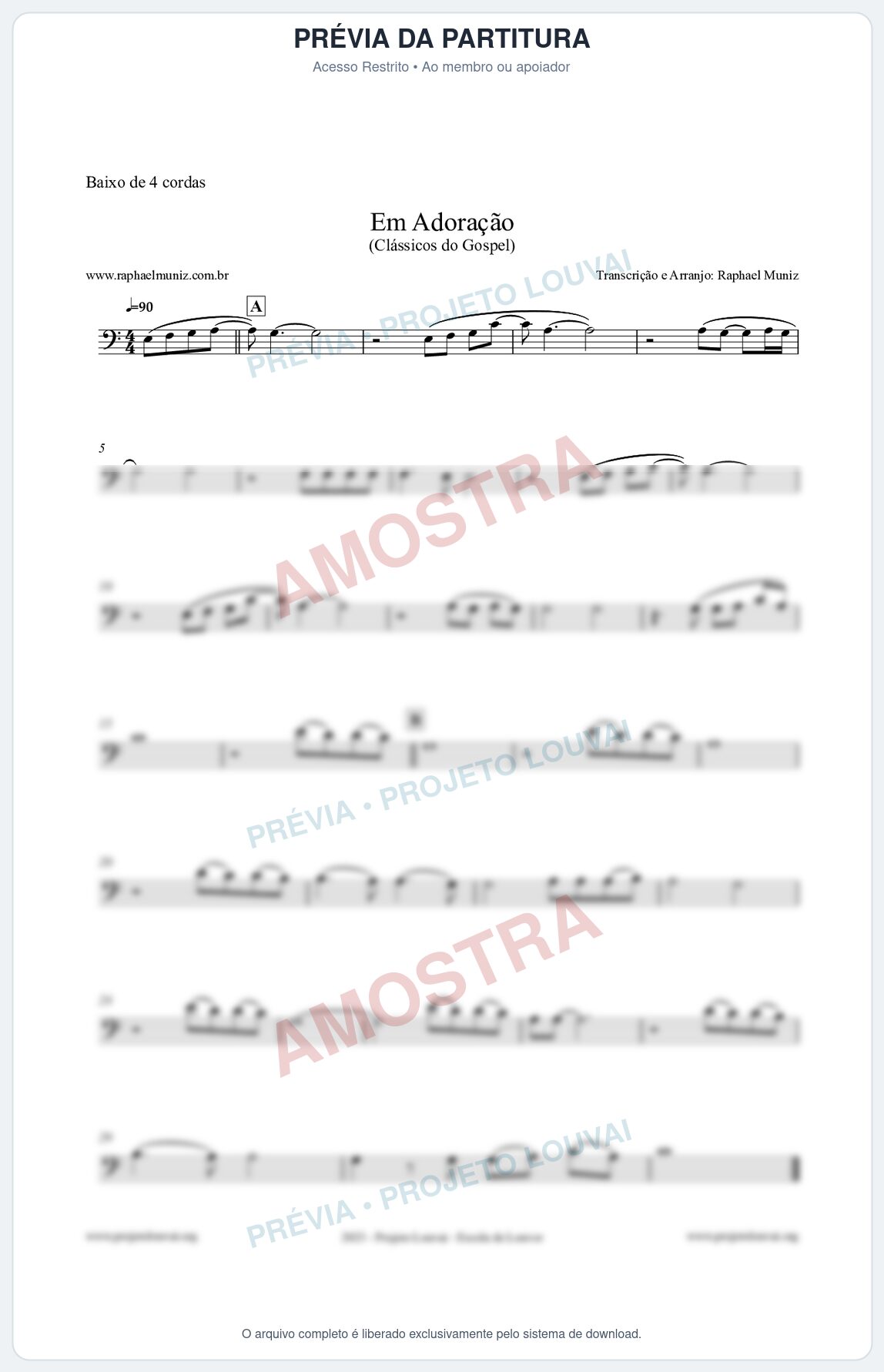 Prévia protegida da primeira página da partitura Partitura para Baixo de 4 cordas - Em Adoração - Louvores e Corinhos Gospel