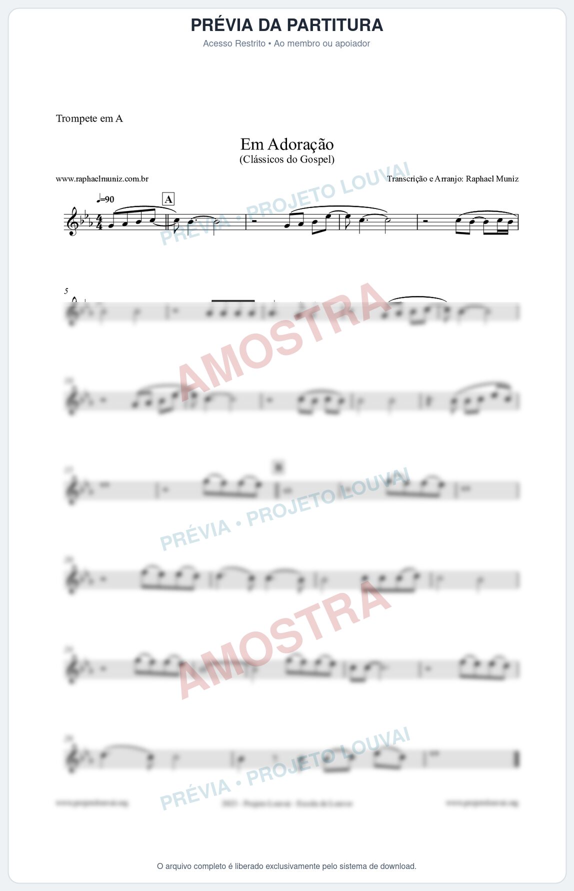 Prévia protegida da primeira página da partitura Partitura para Trompete em A - Em Adoração - Louvores e Corinhos Gospel