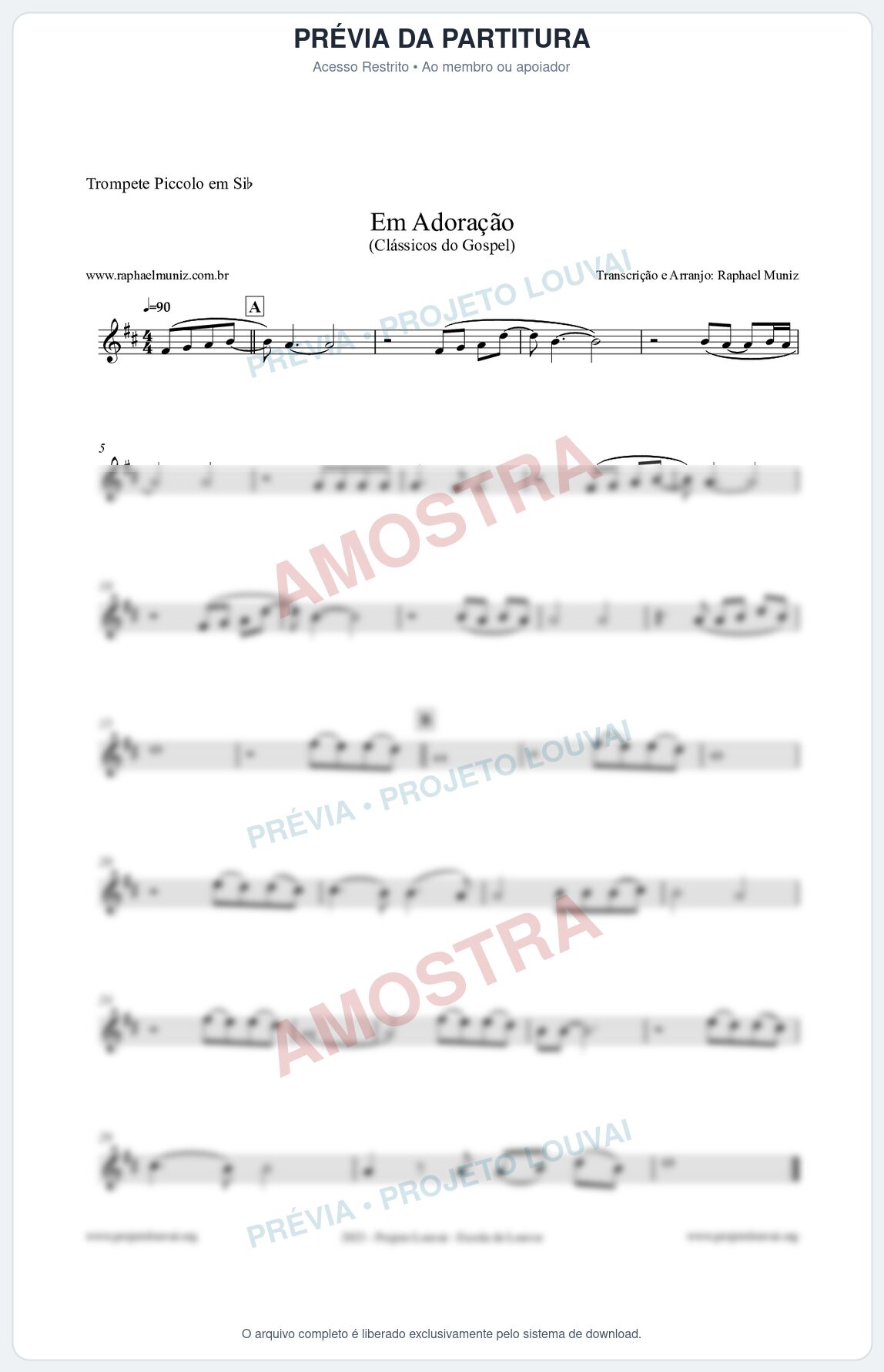 Prévia protegida da primeira página da partitura Partitura para Trompete Piccolo em Sib - Em Adoração - Louvores e Corinhos Gospel