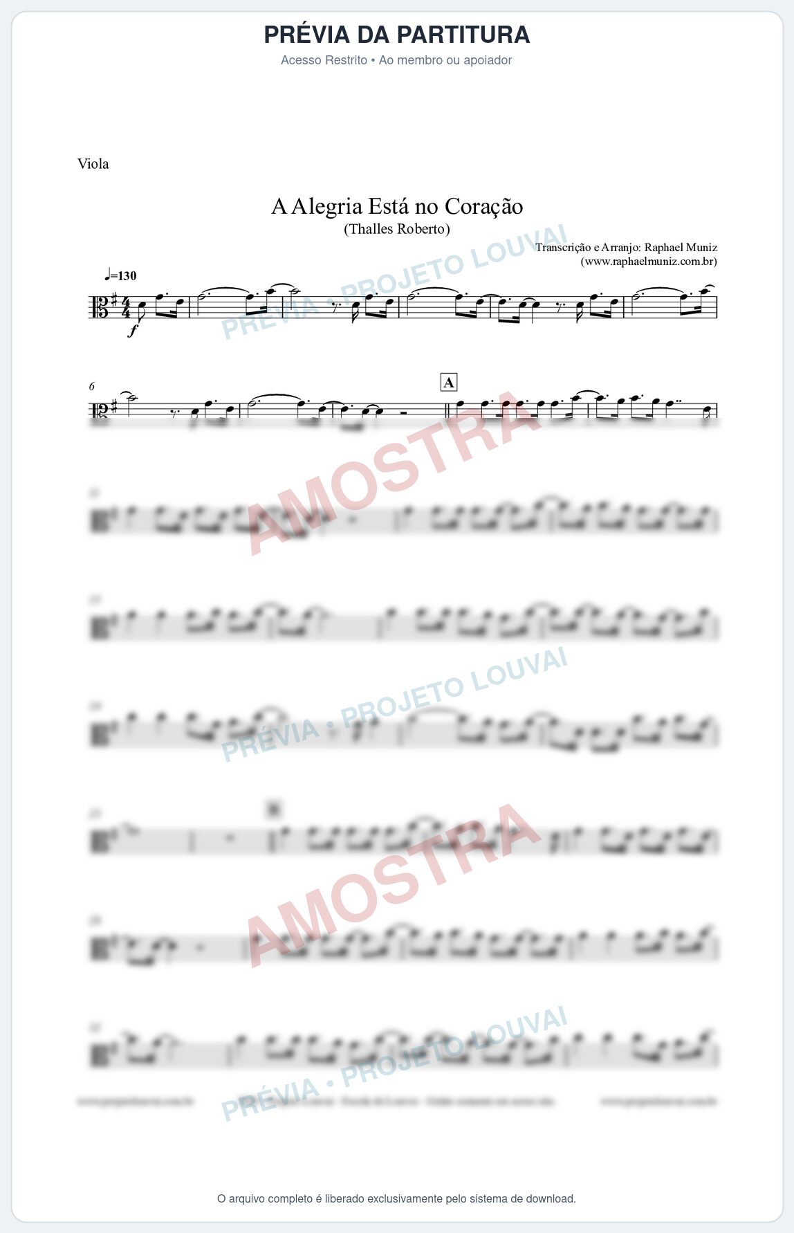 Prévia protegida da primeira página da partitura Partitura para Viola - A Alegria Está no Coração (Tom G) - Thalles Roberto