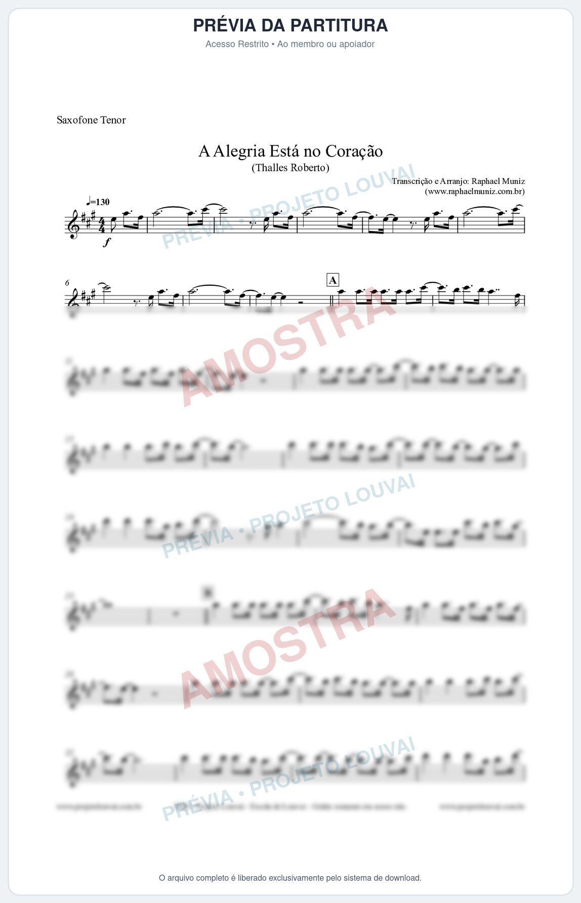 Prévia protegida da primeira página da partitura Partitura para Saxofone Tenor - A Alegria Está no Coração (Tom G) - Thalles Roberto