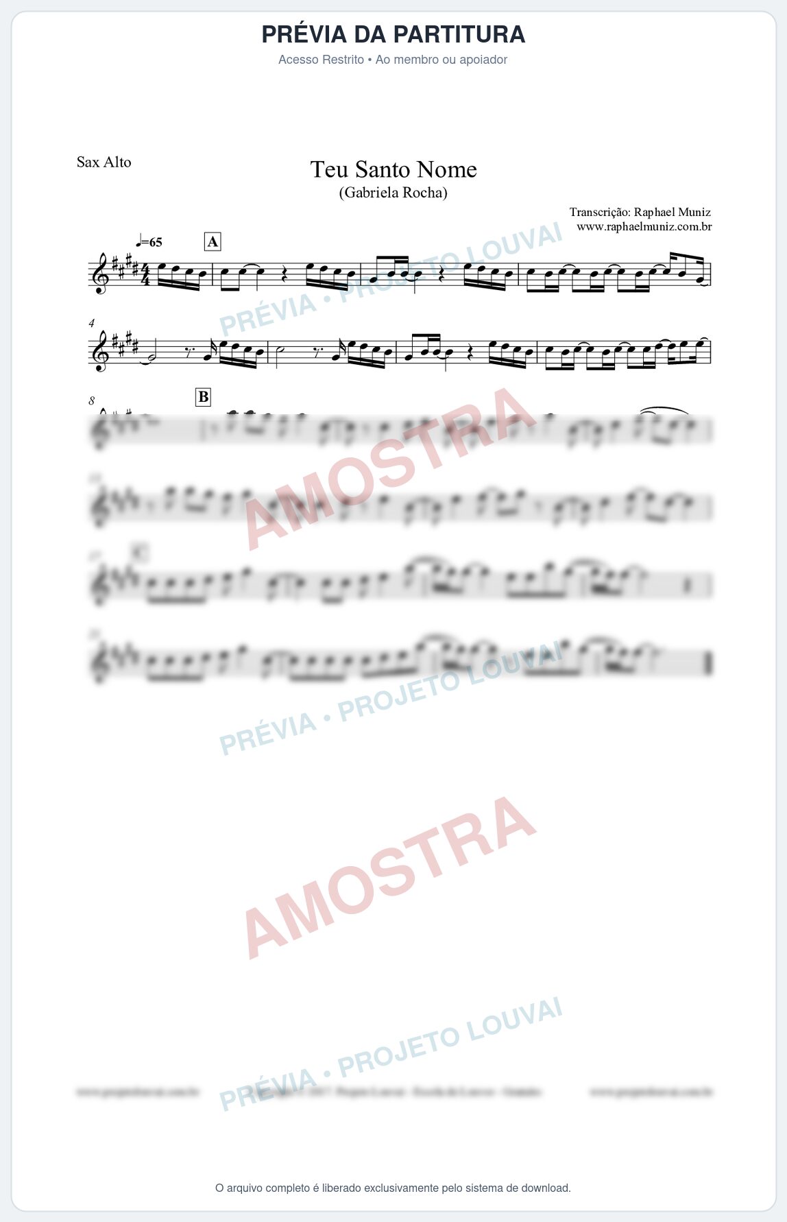 Prévia protegida da primeira página da partitura Partitura para Sax Alto - Teu Santo Nome - Gabriela Rocha