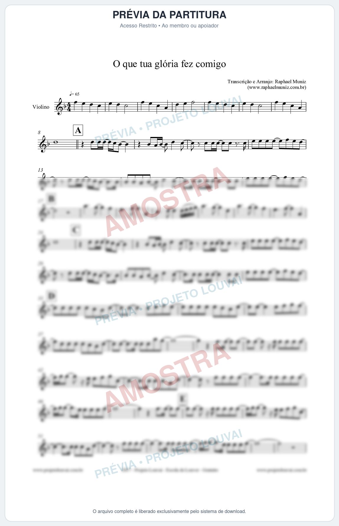 Prévia protegida da primeira página da partitura Partitura para Violino - O que tua glória fez comigo da Fernanda Brum