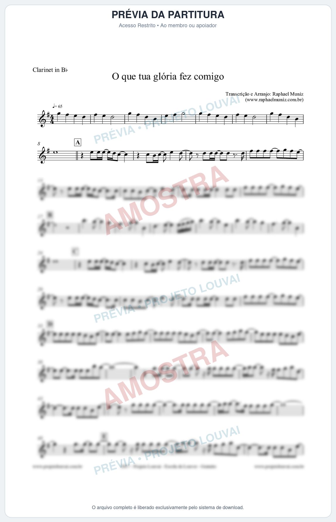 Prévia protegida da primeira página da partitura Partitura para Clarinete - O que tua glória fez comigo da Fernanda Brum