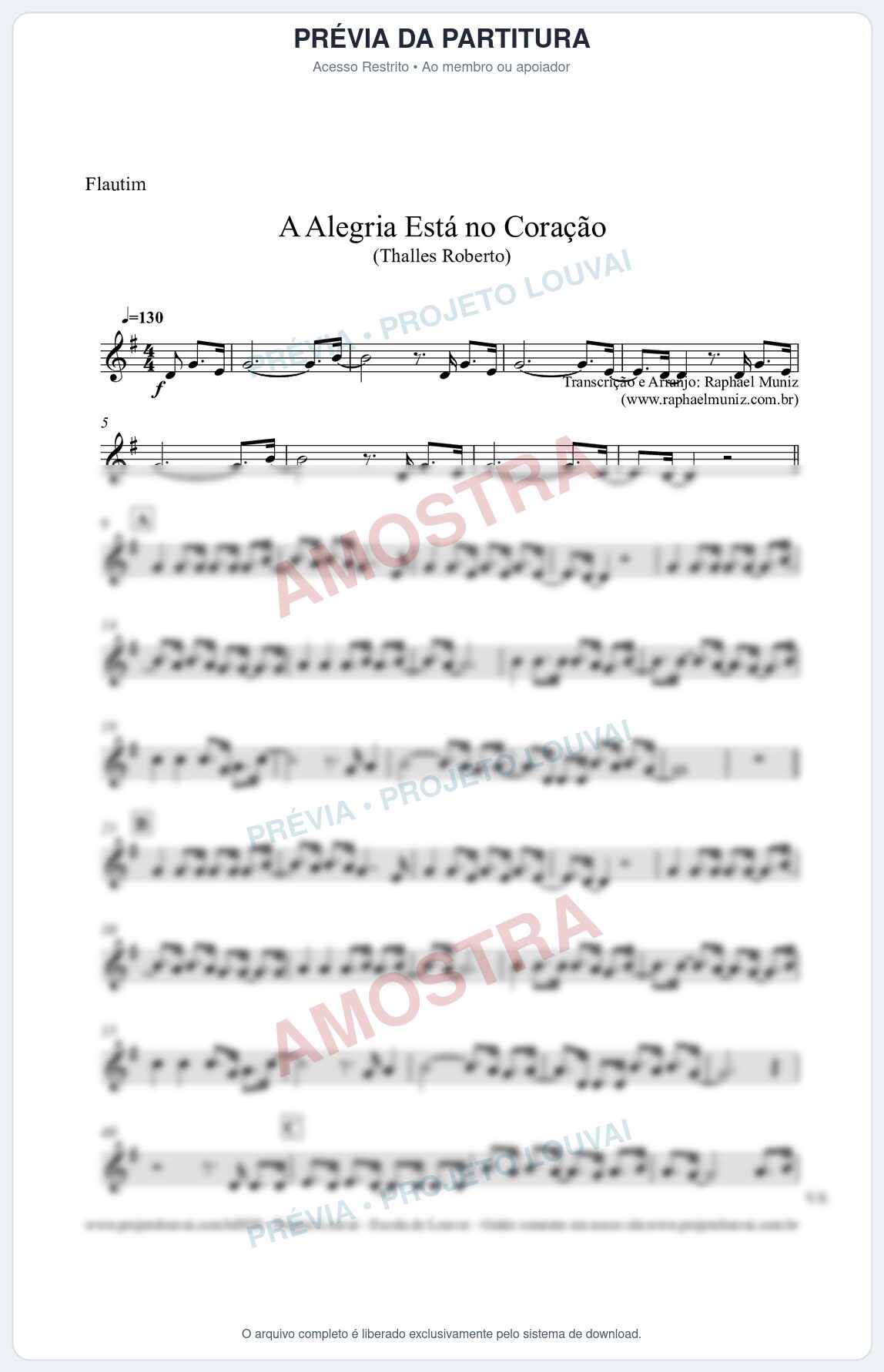 Prévia protegida da primeira página da partitura Partitura para Flautim - A Alegria Está no Coração (Tom G) - Thalles Roberto