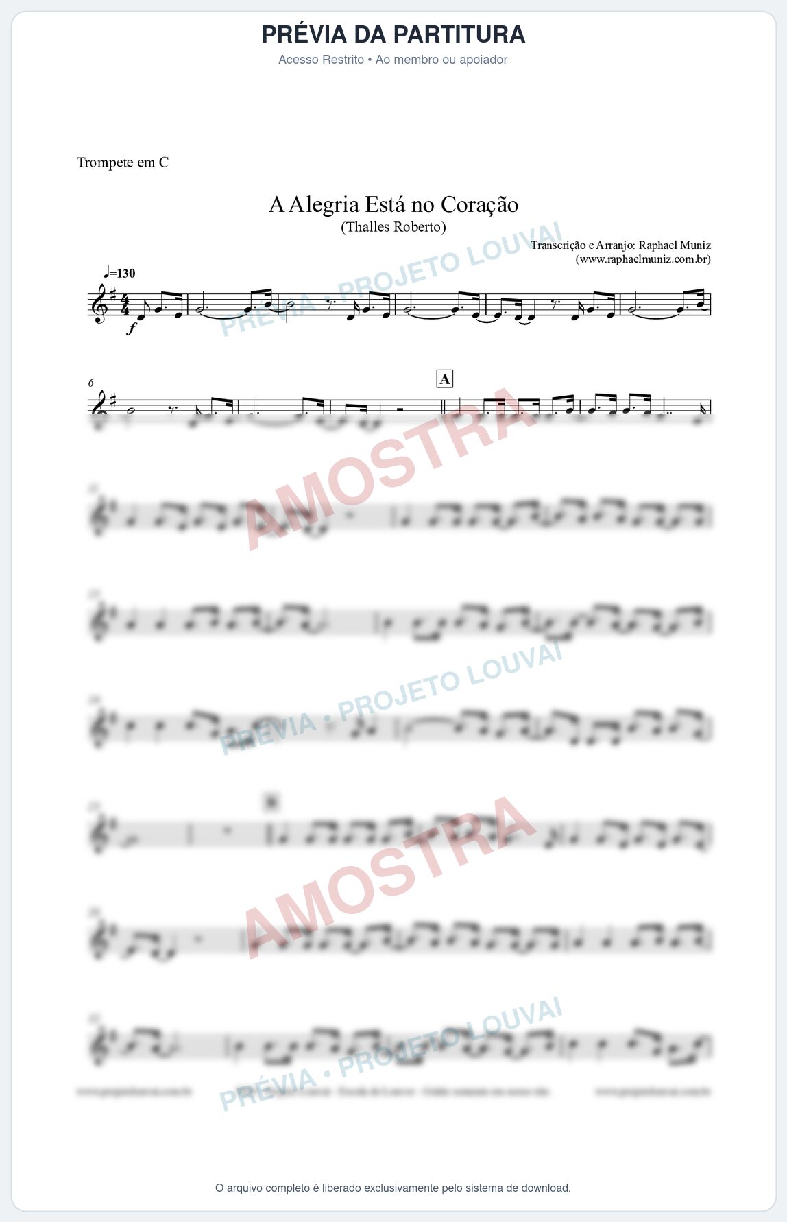 Prévia protegida da primeira página da partitura Partitura para Trompete em C - A Alegria Está no Coração (Tom G) - Thalles Roberto