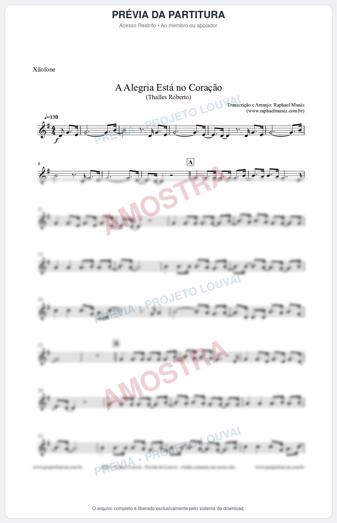 Prévia protegida da primeira página da partitura Partitura para Xilofone - A Alegria Está no Coração (Tom G) - Thalles Roberto