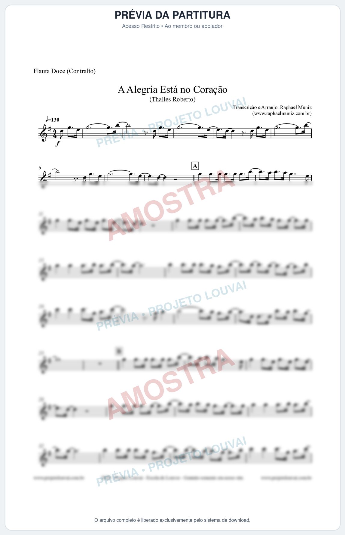 Prévia protegida da primeira página da partitura Partitura para Flauta Doce (Contralto) - A Alegria Está no Coração (Tom G) - Thalles Roberto