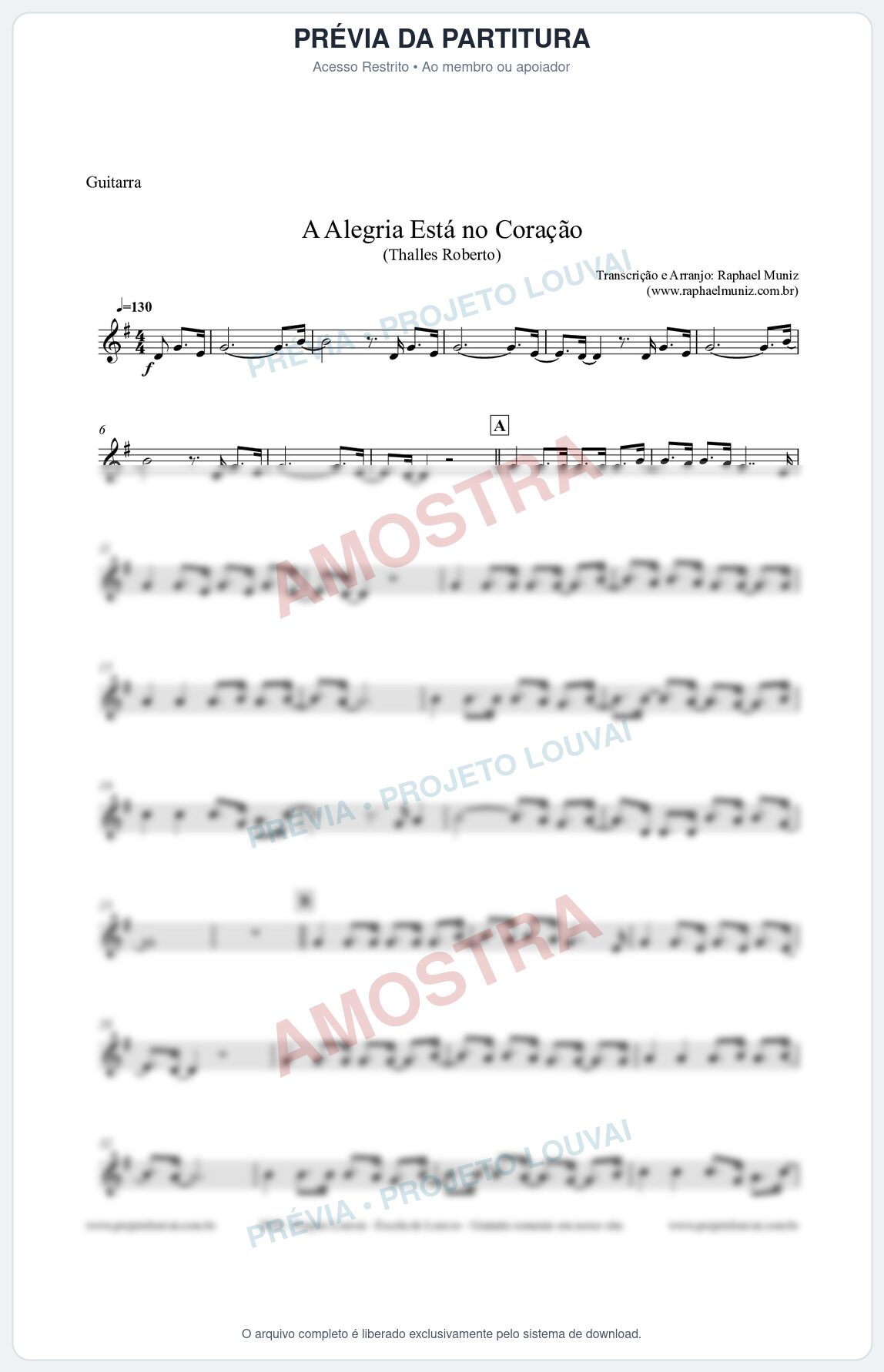 Prévia protegida da primeira página da partitura Partitura para Guitarra - A Alegria Está no Coração (Tom G) - Thalles Roberto
