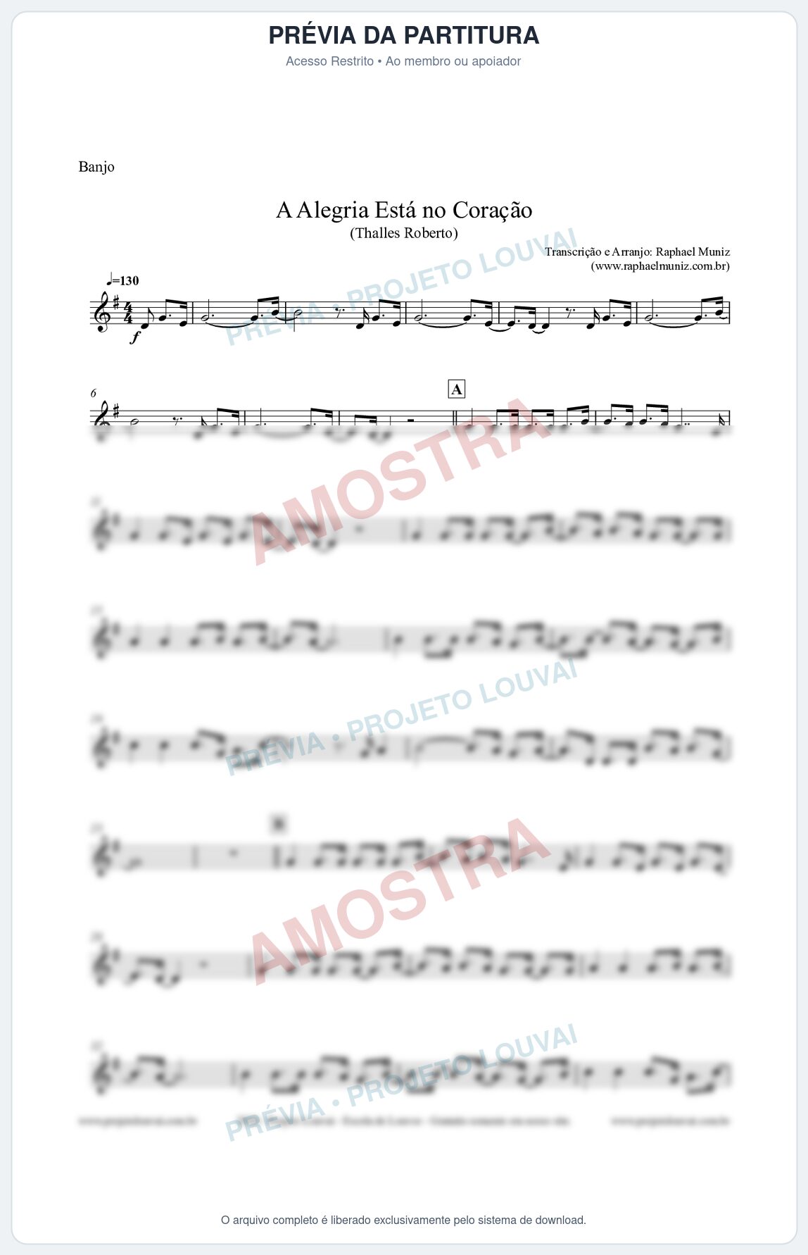 Prévia protegida da primeira página da partitura Partitura para Banjo - A Alegria Está no Coração (Tom G) - Thalles Roberto