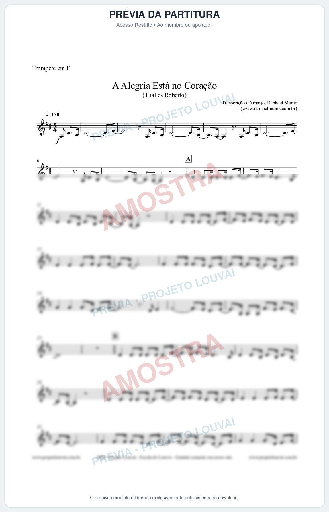 Prévia protegida da primeira página da partitura Partitura para Trompete em F - A Alegria Está no Coração (Tom G) - Thalles Roberto