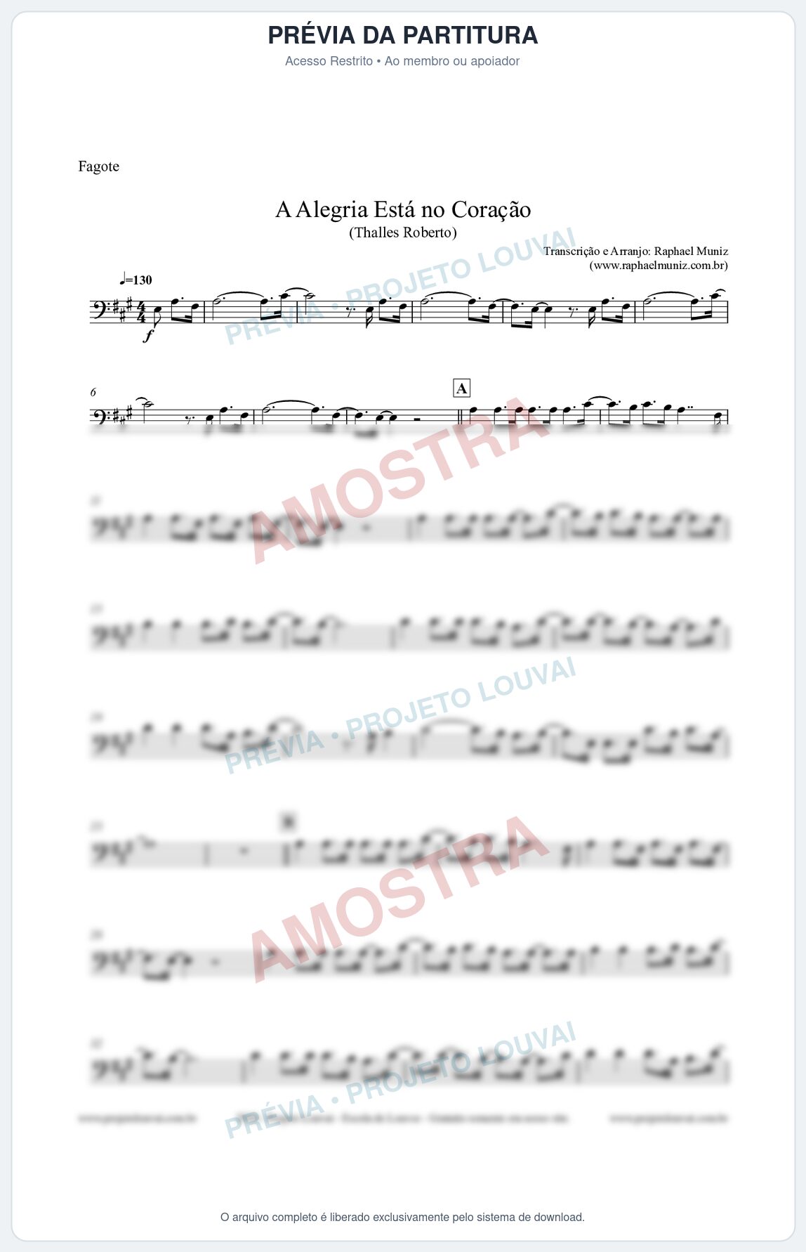 Prévia protegida da primeira página da partitura Partitura para Fagote - A Alegria Está no Coração (Tom A) - Thalles Roberto