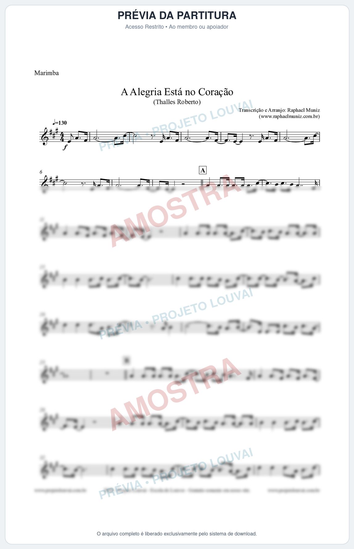 Prévia protegida da primeira página da partitura Partitura para Marimba - A Alegria Está no Coração (Tom A) - Thalles Roberto