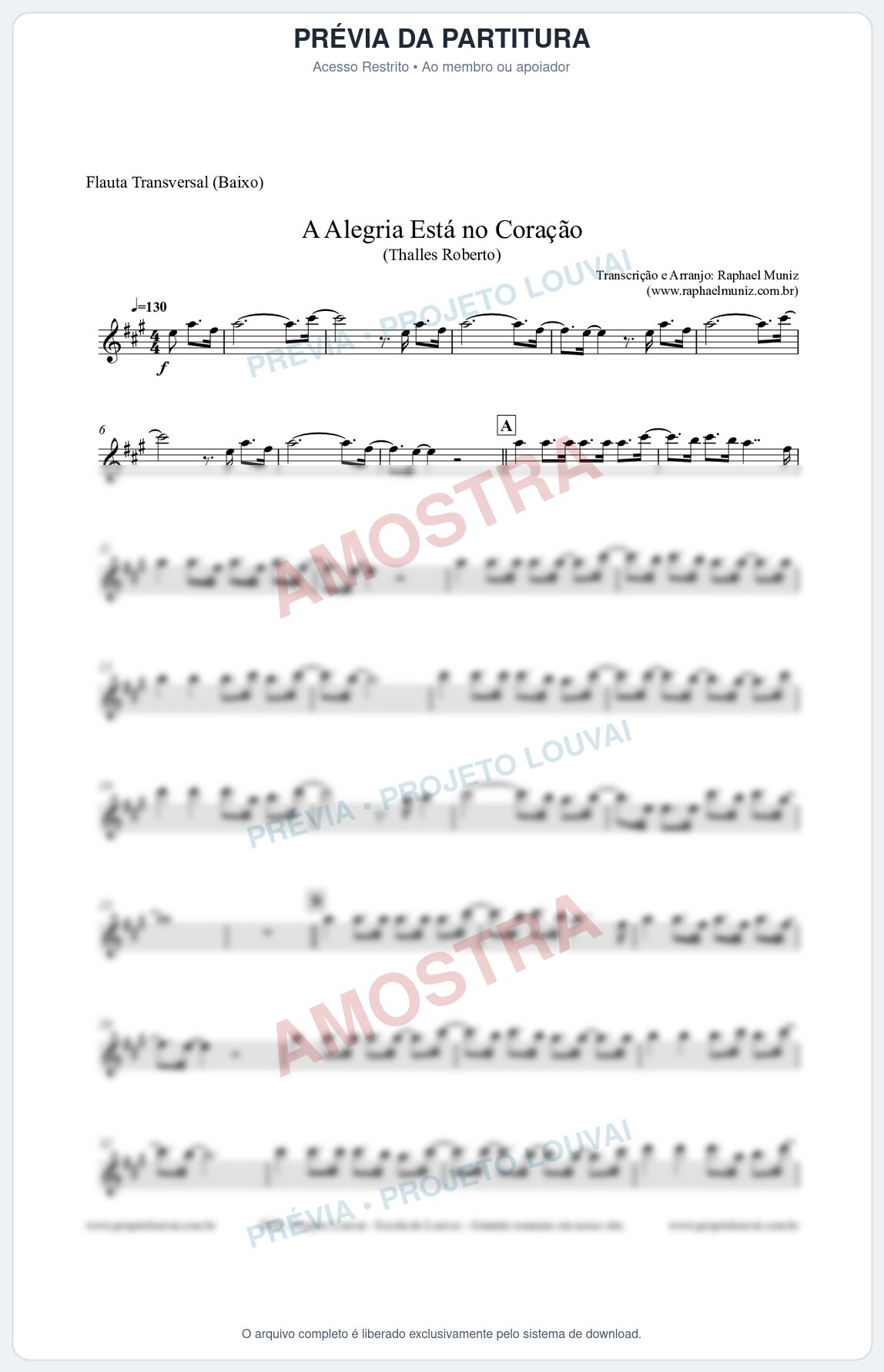 Prévia protegida da primeira página da partitura Partitura para Flauta Transversal Baixo - A Alegria Está no Coração (Tom A) - Thalles Roberto