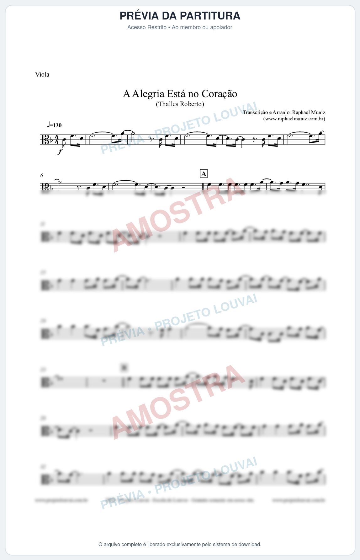 Prévia protegida da primeira página da partitura Partitura para Viola - A Alegria Está no Coração (Tom F) - Thalles Roberto