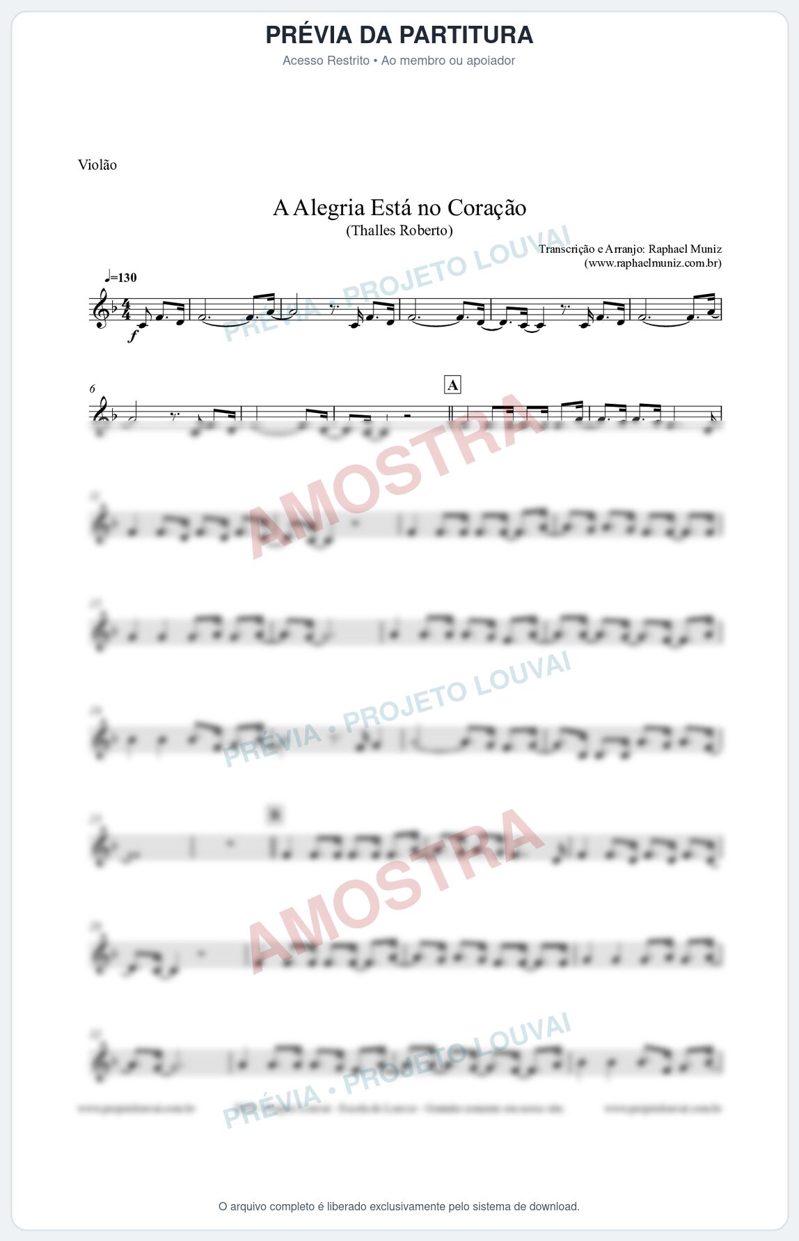 Prévia protegida da primeira página da partitura Partitura para Violão - A Alegria Está no Coração (Tom F) - Thalles Roberto