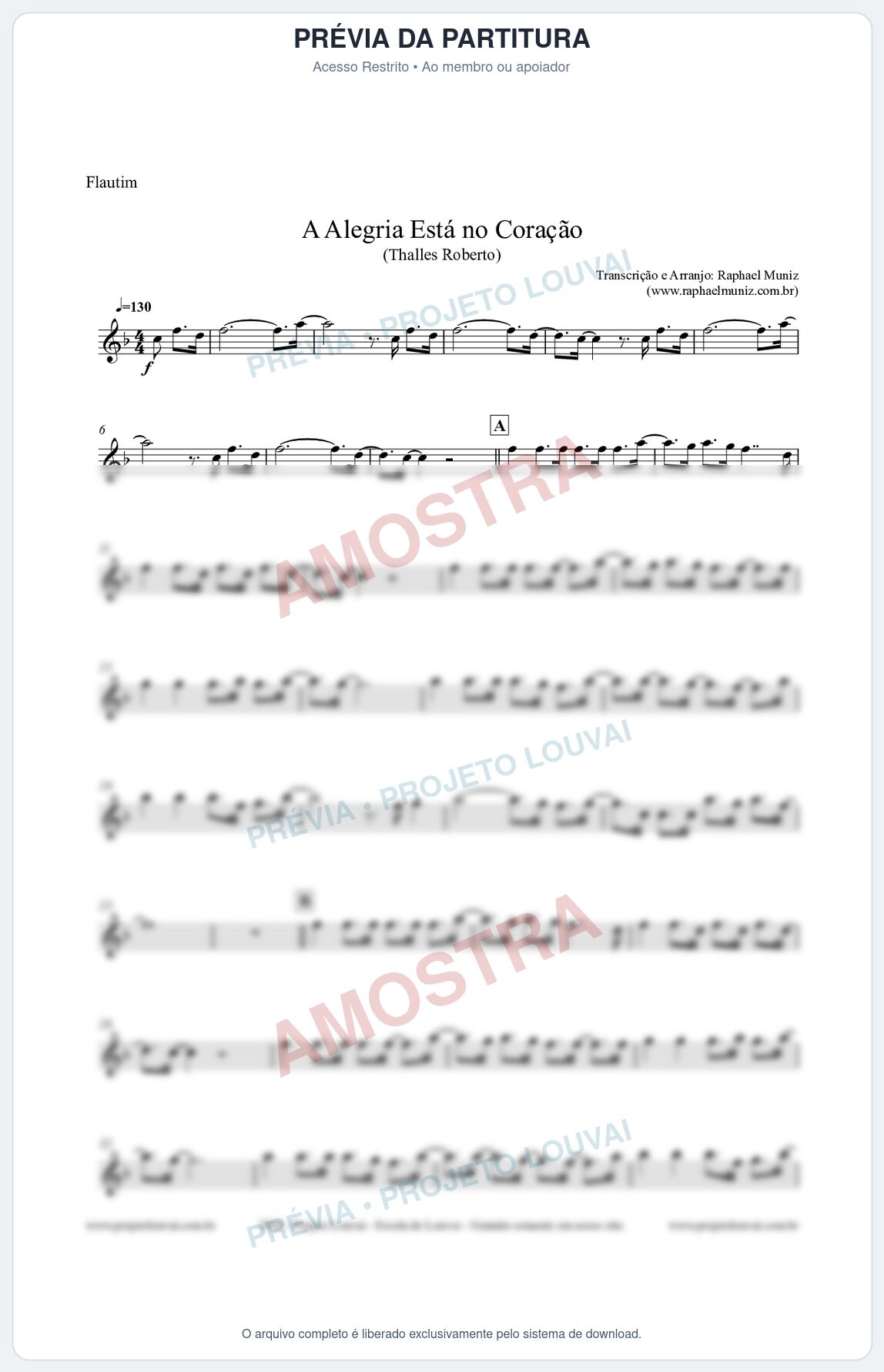 Prévia protegida da primeira página da partitura Partitura para Flautim - A Alegria Está no Coração (Tom F) - Thalles Roberto
