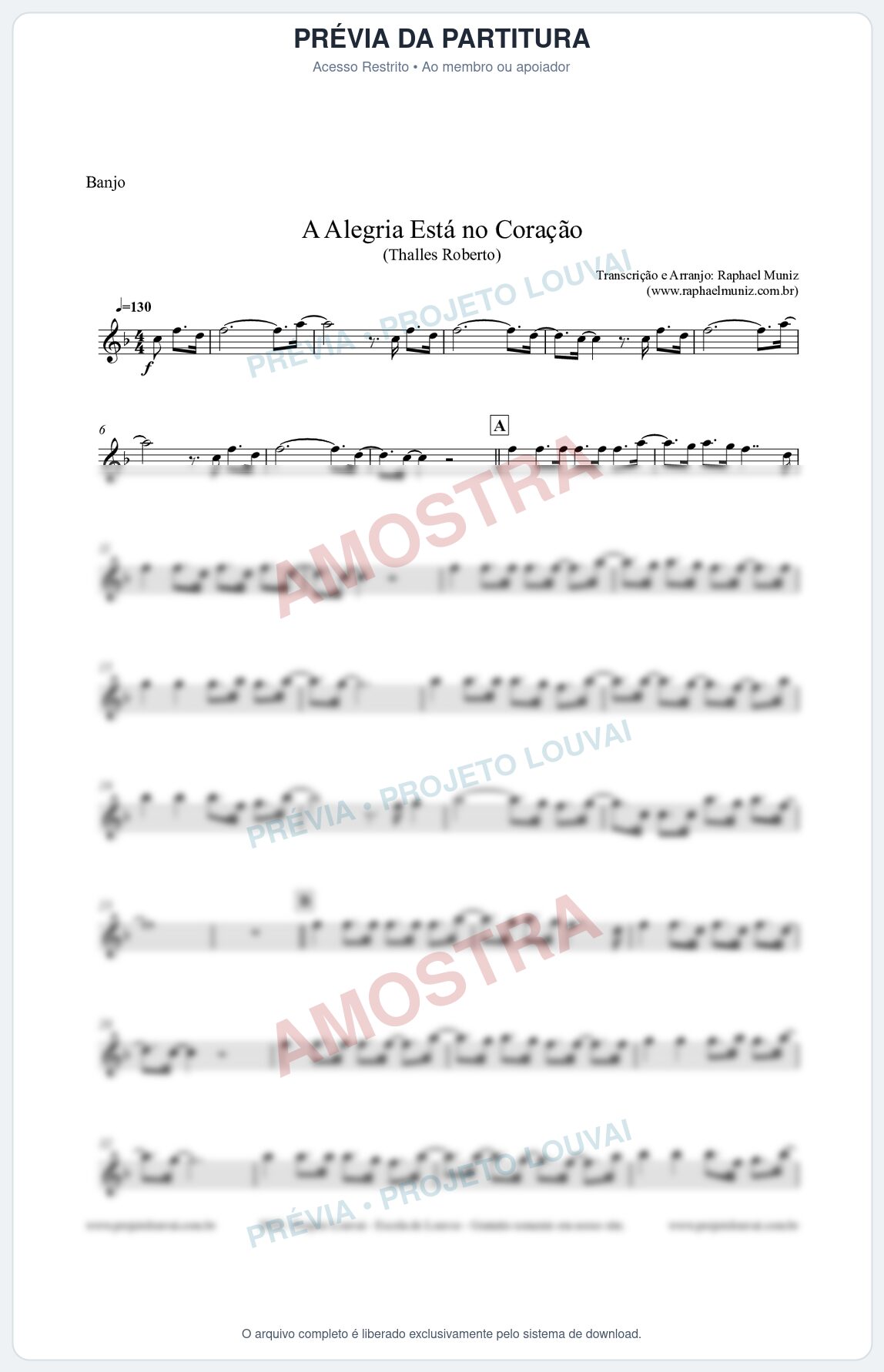 Prévia protegida da primeira página da partitura Partitura para Banjo - A Alegria Está no Coração (Tom F) - Thalles Roberto
